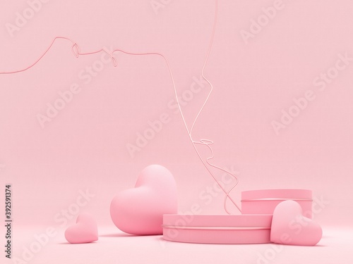 Studio with pink hearts, symbol of love. Holiday greeting card for Valentine's Day - 3d, render with copy space on February 14, March 8. Premium podium, stand on pastel, light background.