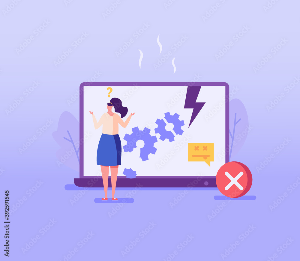 Woman stands at a broken computer. Concept of repairmen, repair computer, laptop, fix app, broken equipment, quick repair. Vector illustration in flat design Woman stands at a broken computer. Concept of repairmen, repair computer, laptop, fix app, broken equipment, quick repair. Vector illustration in flat design