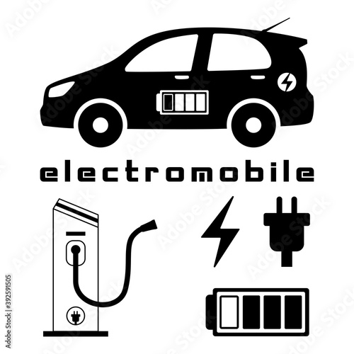 Electromobile. Icons for charge, battery, socket, car refueling.