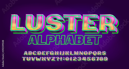 Luster alphabet font. Neon light 3d letters and numbers. Stock vector typescript for your typography design.