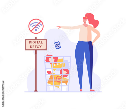 Woman throws mobile phone into the trash. Concept of digital detox, disconnecting, mediastika, device free zone, internet addiction, no mobile phobia, phubbing. Vector illustration in flat design.