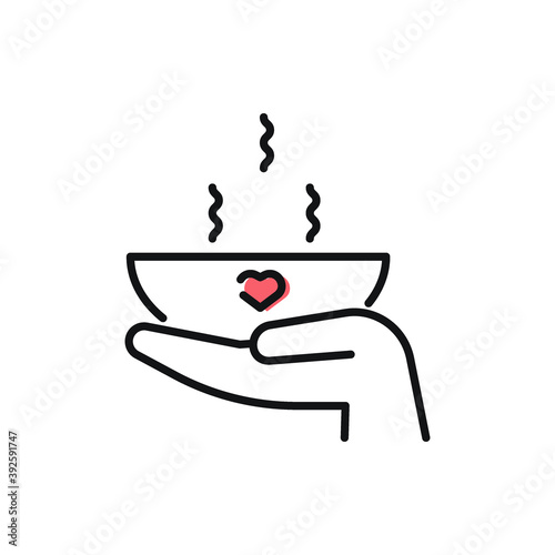 Food donation icon on white. Hand holding plate with soup for donations. Vector black icon for volunteering, support for poor people, charity and food drive. Vector outline icon with editable stroke