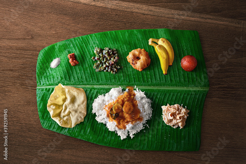 South Indian meals traditional food on banana leaf, Festival Day food