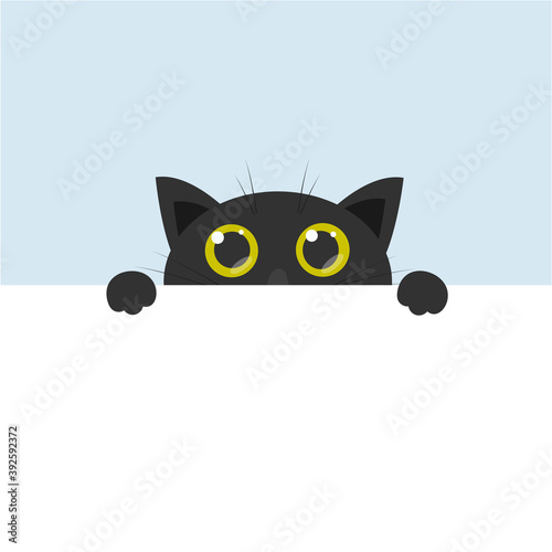 Fototapeta Naklejka Na Ścianę i Meble -  curious cute black cat with big yellow eyes, cartoon flat vector illustration with blank banner for text poster