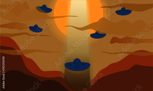 The vector image with UFOs invading the sky, where are the spectacular views of mountains at sunset time. The sunlight is going through the landscape and it is in orange-red colors.