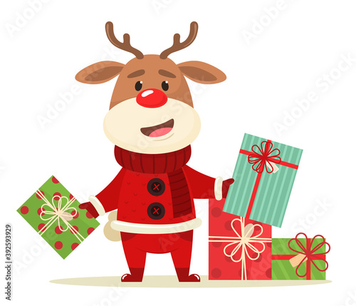 Happy deer with gifts. Vector illustration in cartoon flat style.