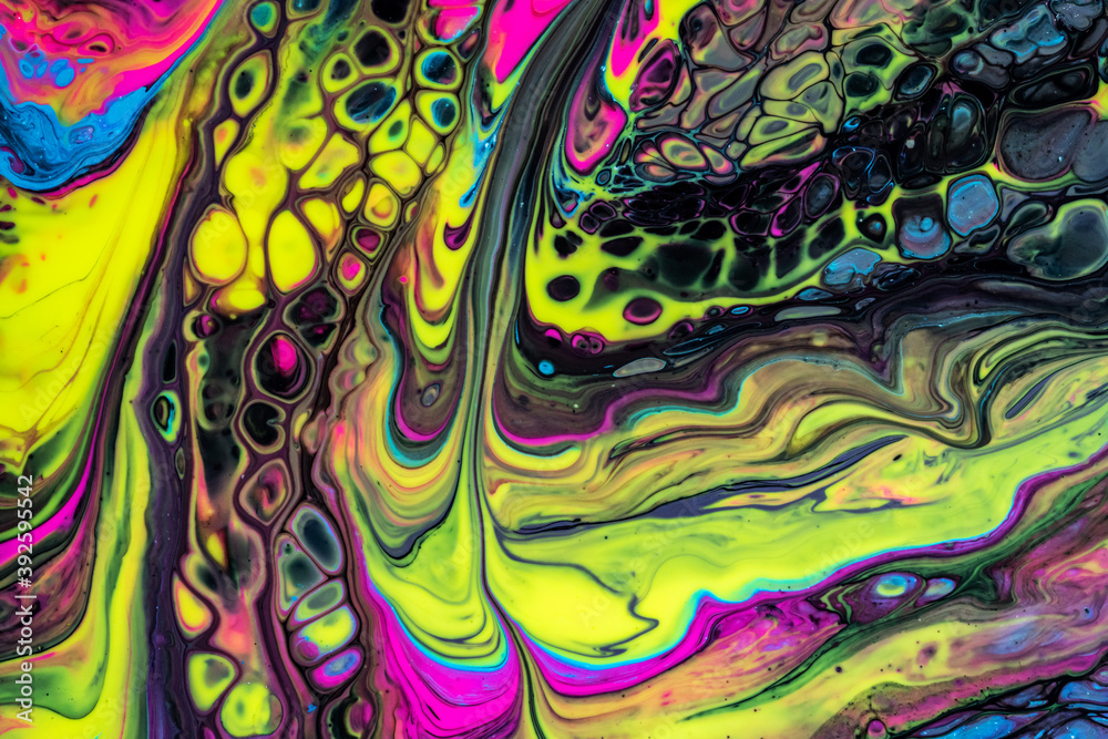 Colorful mix of acrylic vibrant colors. Fluid painting abstract texture.