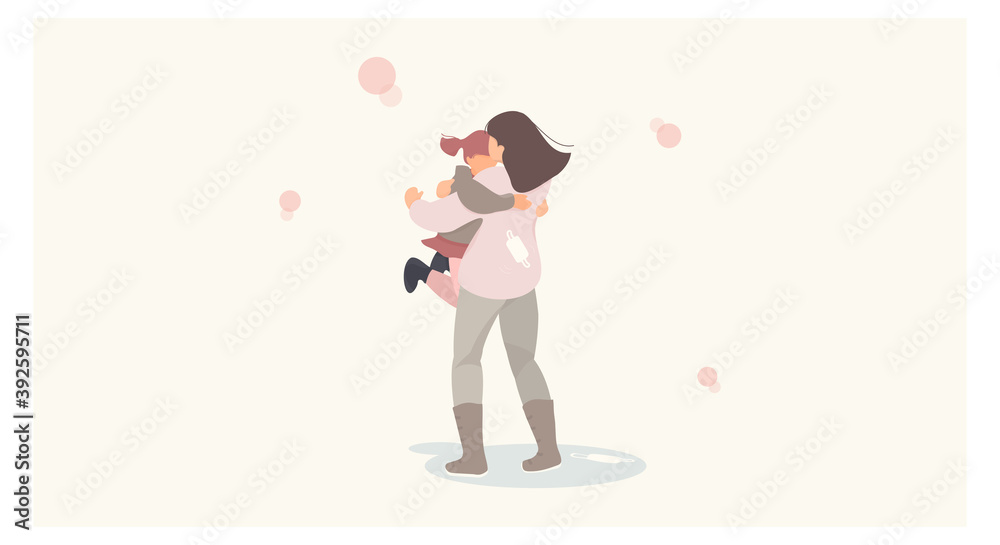 Web Vector illustration of Happy cheerful characters flat design. Mother and kid happy and jump high after Covid-19 vaccine was ready to contribute luanched.take off the mask.Free from pendemic situat Web Vector illustration of Happy cheerful characters flat design. Mother and kid happy and jump high after Covid-19 vaccine was ready to contribute luanched.take off the mask.Free from pendemic situat