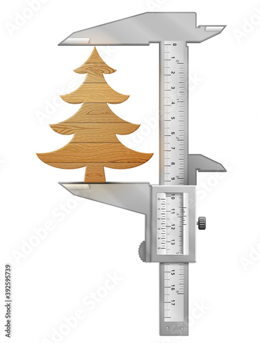 Vertical caliper measures christmas tree of wood. Concept of measuring size of wooden planks in shape of pine. Vector image for christmas, new years day, woodworking, winter holiday, silvester, etc