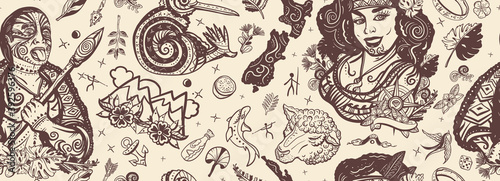 New Zealand seamless pattern. Old school tattoo collection. Aboriginal tribes, Maori man warrior grimace. Tradition and people. Tourism and travel. Ethnic Polynesian woman in traditional costume