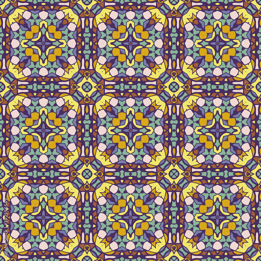 Creative color abstract geometric pattern in brown orange green blue, vector seamless, can be used for printing onto fabric, interior, design, textile, rug, tiles, carpet.