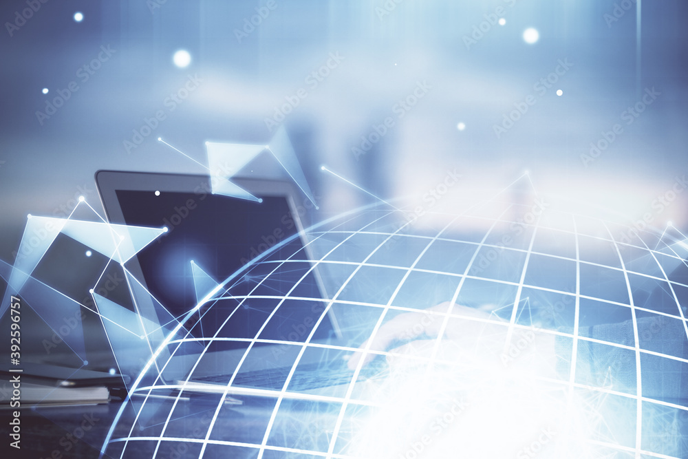 Naklejka premium Multi exposure of world map hologram with man working on computer on background. Concept of worldwideweb.