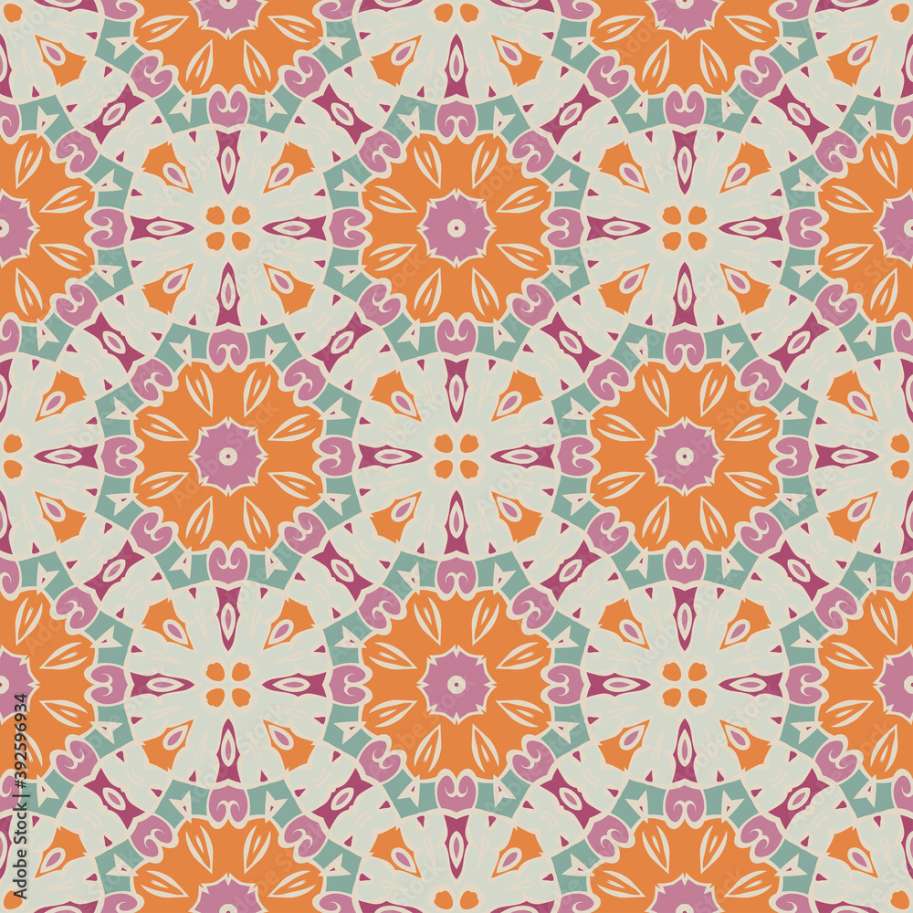 Creative color abstract geometric mandala pattern in beige apricot violet blue, vector seamless, can be used for printing onto fabric, interior, design, textile, rug, tiles, carpet.