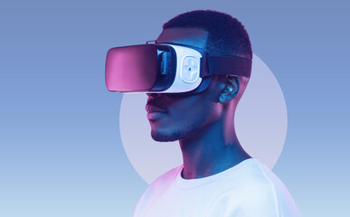 Young african american man wearing virtual reality headset. VR concept