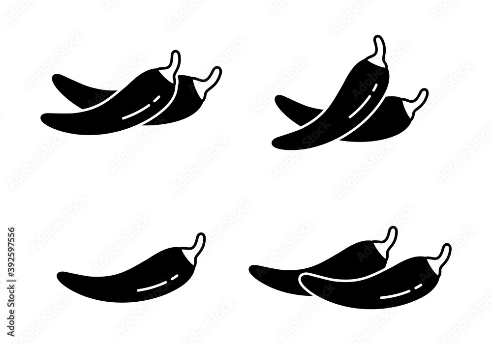 Chili pepper or Cayenne, silhouette icons set. Outline pictogram for packaging design. Black simple illustration of hot spice and piquancy. Flat isolated vector emblem on white background Chili pepper or Cayenne, silhouette icons set. Outline pictogram for packaging design. Black simple illustration of hot spice and piquancy. Flat isolated vector emblem on white background