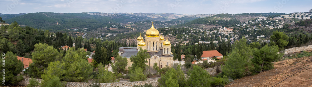 Large panoramic view of Gorny Monastery and Church of Saint John the Baptist, Ein Karem.  Jerusalem. Israel