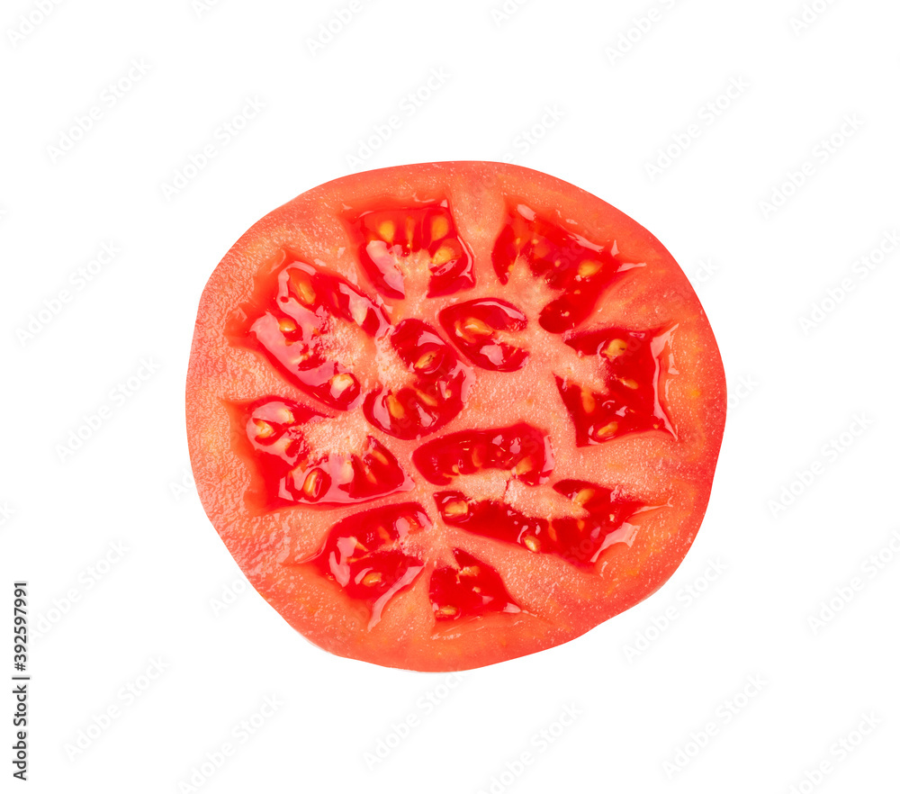 Sliced tomatoes isolated top view and flat lay Sliced tomatoes isolated top view and flat lay