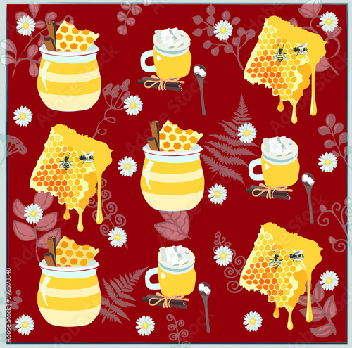 Honey with milk on the red background with flowers and plants