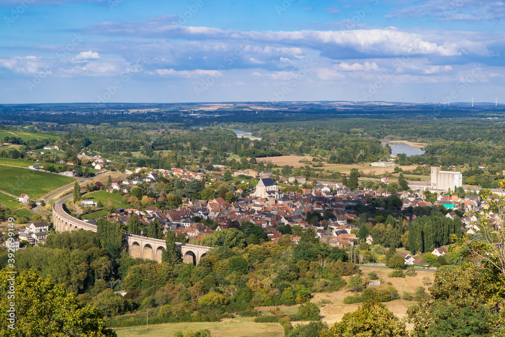 Aerial view of Saint-Satur and the viaduc, from Sancerre in the Loire Valley, France