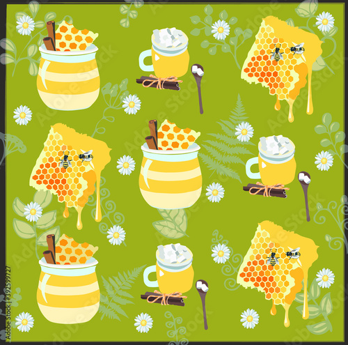 Honey with milk on the light green background with flowers and plants