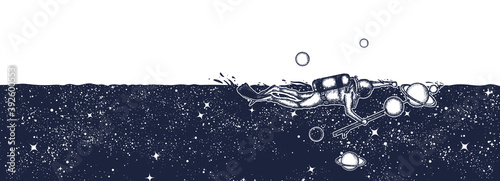 Astronaut in deep space and universe. Diver floats in space, night sky background. Black and white surreal graphic