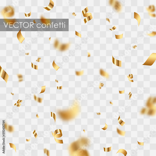 Vector gold scattered confetti, golden ribbons on transparent background. Holiday illustration for greeting card, banner, decor, design, party. 