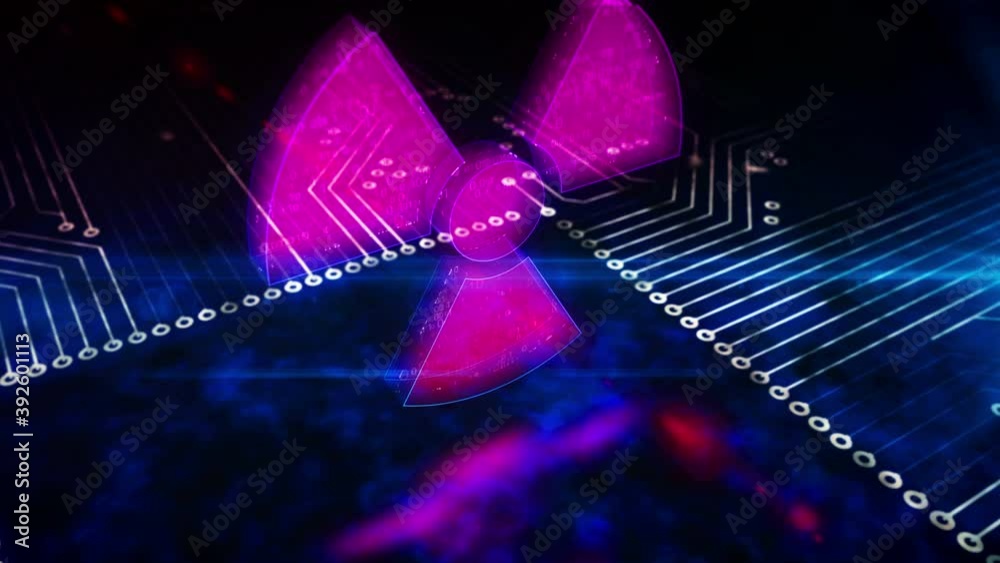 Cyber attack with nuclear symbol, danger, digital war, cybernetic conflict, hacking and spying concept. Camera on virtual crane around 3d icon inside computer. Seamless loopable animation.