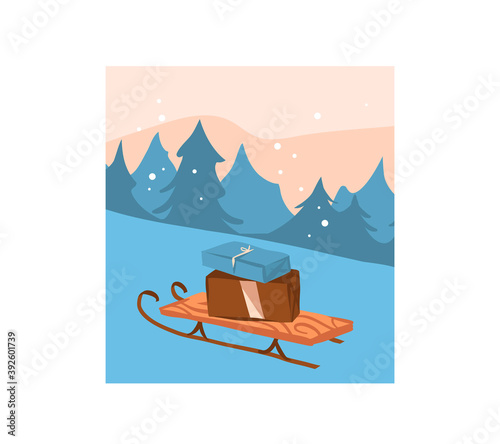 Hand drawn vector abstract fun stock flat Merry Christmas,and Happy New Year time cartoon festive card with cute illustrations of Xmas sleigh and presents box gifts isolated on white background