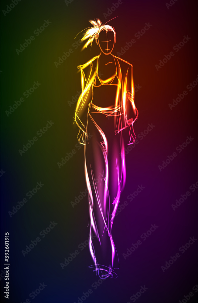 Hand-drawn fashion model from a neon. A light girl's. Fashion girl. Stylish fashion model. Fashion woman