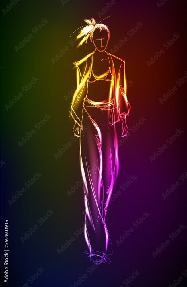 Hand-drawn fashion model from a neon. A light girl's. Fashion girl. Stylish fashion model. Fashion woman Hand-drawn fashion model from a neon. A light girl's. Fashion girl. Stylish fashion model. Fashion woman
