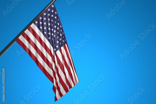 3D illustration of the national flag of USA on a metal flagpole fluttering against the blue sky.Country symbol.