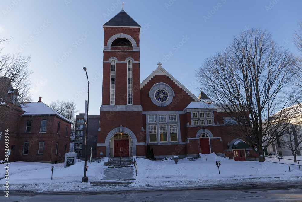 BARRE, VERMONT, USA - FEBRUARY, 20, 2020: City view on the Main Street. Winter time.