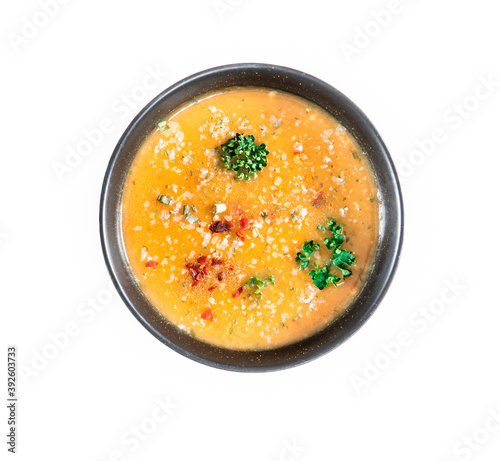 Delicious vegetable potato soup served in a bowl