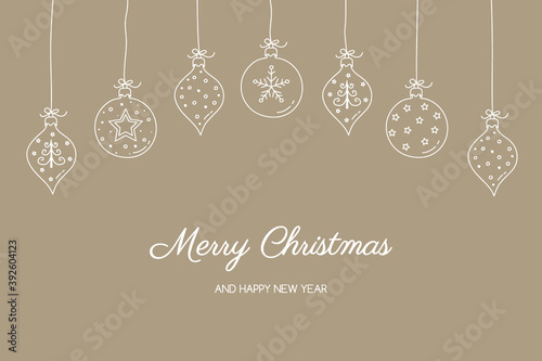 Christmas card with hanging balls and hand drawn decorations. Vector
