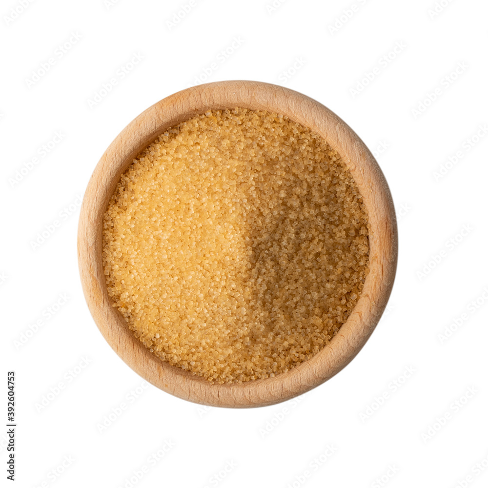Eco bio brown sugar in wooden bowl isolated on black background Eco bio brown sugar in wooden bowl isolated on black background