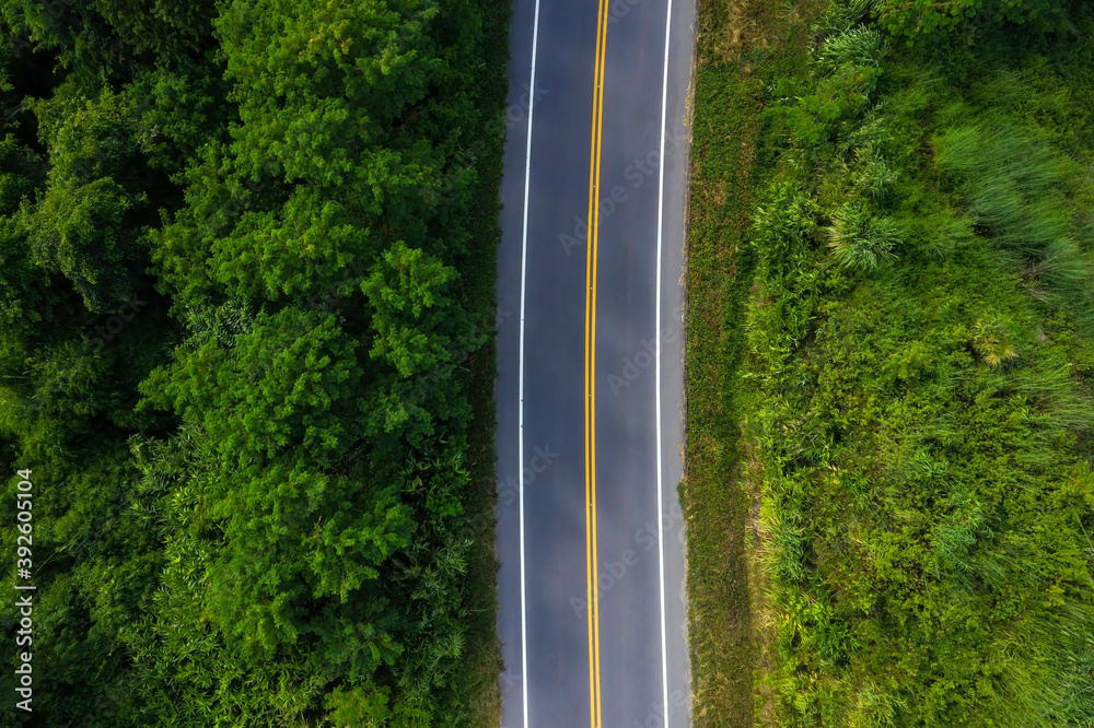 Fototapeta premium Aerial top view of Road through the green forest and texture background as highway of empty