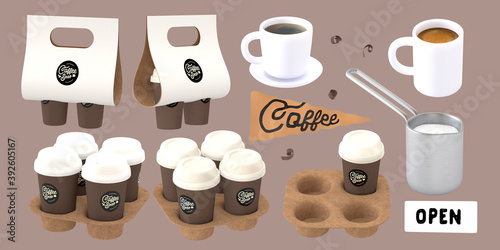 Coffee shop 3D render - coffee take away -modern concept digital illustration of coffee holder packs, cups and coffee shop elements. Creative landing web page header