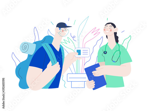 Medical insurance illustration -medical assistance all over the world - modern flat vector concept digital illustration -a traveller applying to a local clinic for medical help, part of insurance plan
