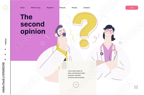 Medical insurance template -second opinion on a matter -modern flat vector concept digital illustration of two doctors and a question mark, second medical opinion metaphor, medical insurance plan