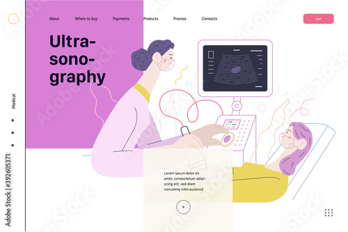 Medical tests illustration - ultrasound - modern flat vector concept digital illustration of ultrasonography procedure -doctor examing patient pregnant woman with scanner, medical office or laboratory