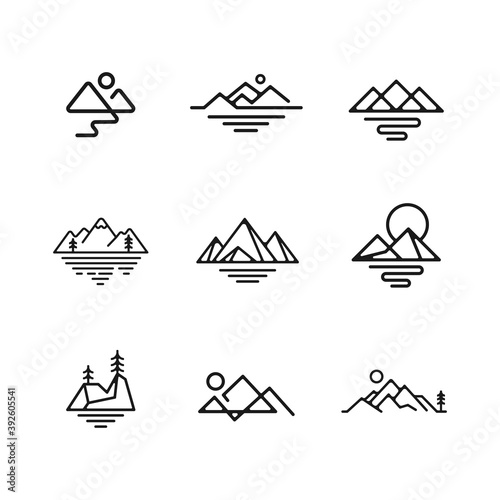mountain line logo icon set, geometric hill mount rock vector illustration collection
