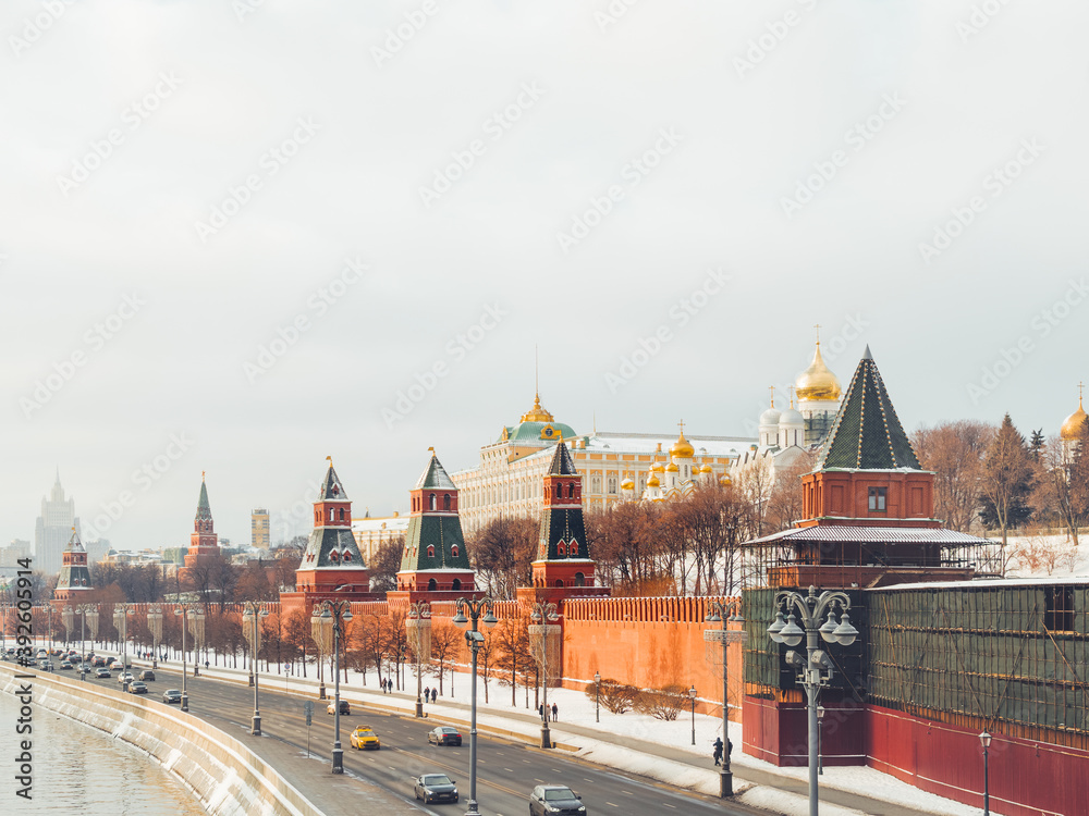 Senate Palace behind red brick walls of Kremlin. Architectural landmark in Moscow, Russia. Senate Palace behind red brick walls of Kremlin. Architectural landmark in Moscow, Russia.
