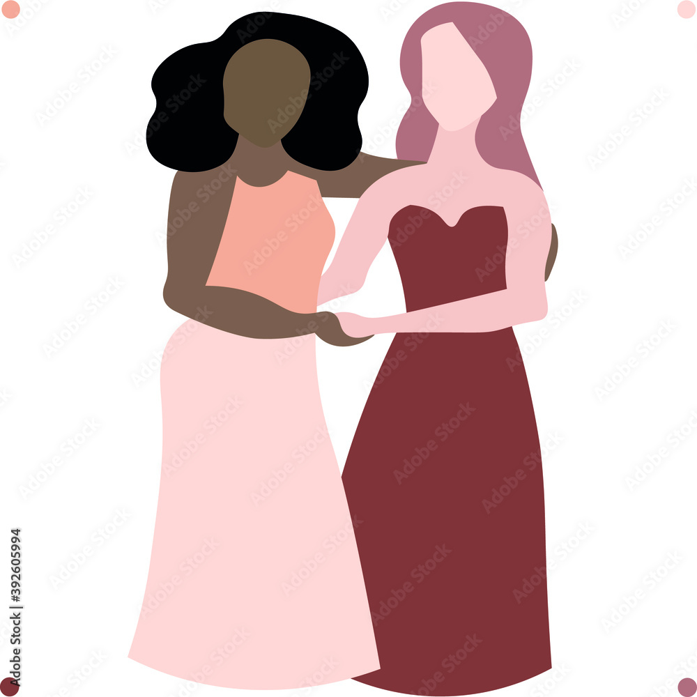 Lesbian interracial couple.Young women hugging each other.  Homosexual romantic. Tolerance. Flat colorful vector illustration isolated on white background.