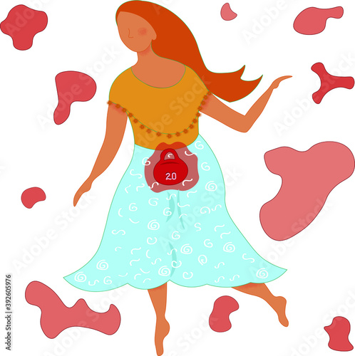Woman having menstrual pain and heaviness in the stomach. Hand drawn vector illustration. Isolated on white.