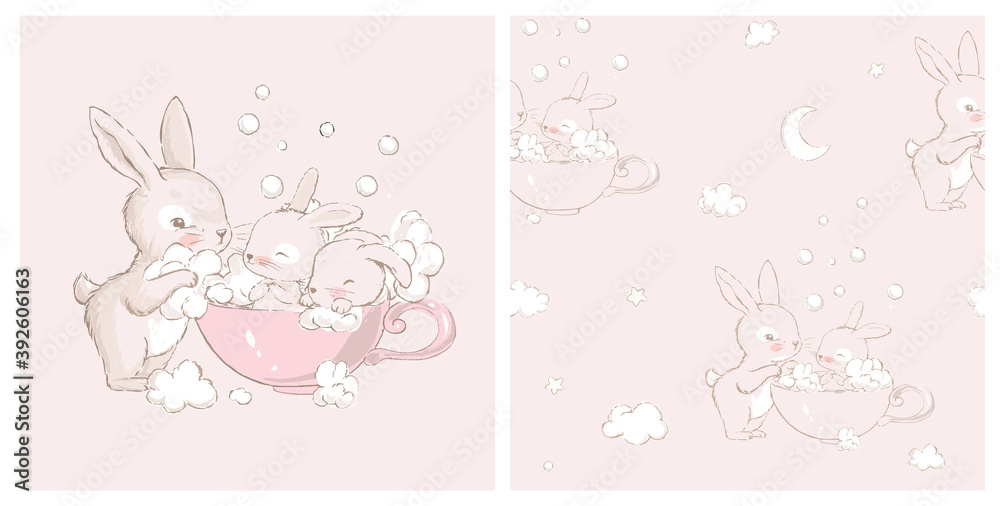 Seamless pattern with. Cute little hares with mom. Cute white baby bunnies take baths in a cup.