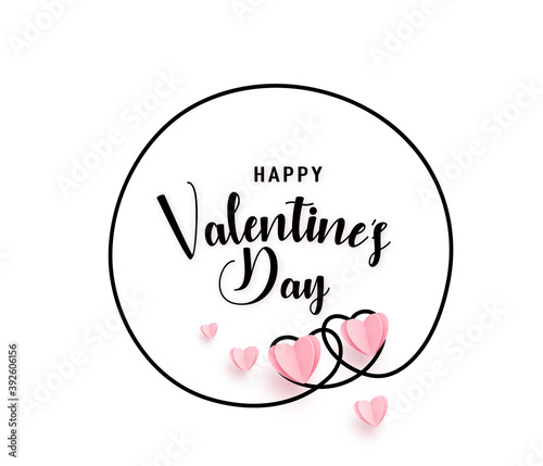 Continuous line heart round shape frame with realistic paper heart and greeting happy valentine day isolated on white background. Love border pattern for valentines, women, mother invitation design