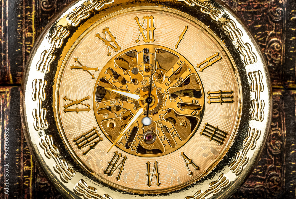 Antique clock dial close-up. Vintage pocket watch.