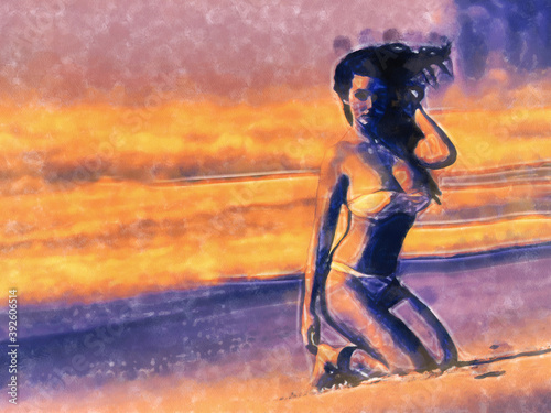Girl in bikini posing on the beach. Sea wave in the background. Art work theme of female beauty