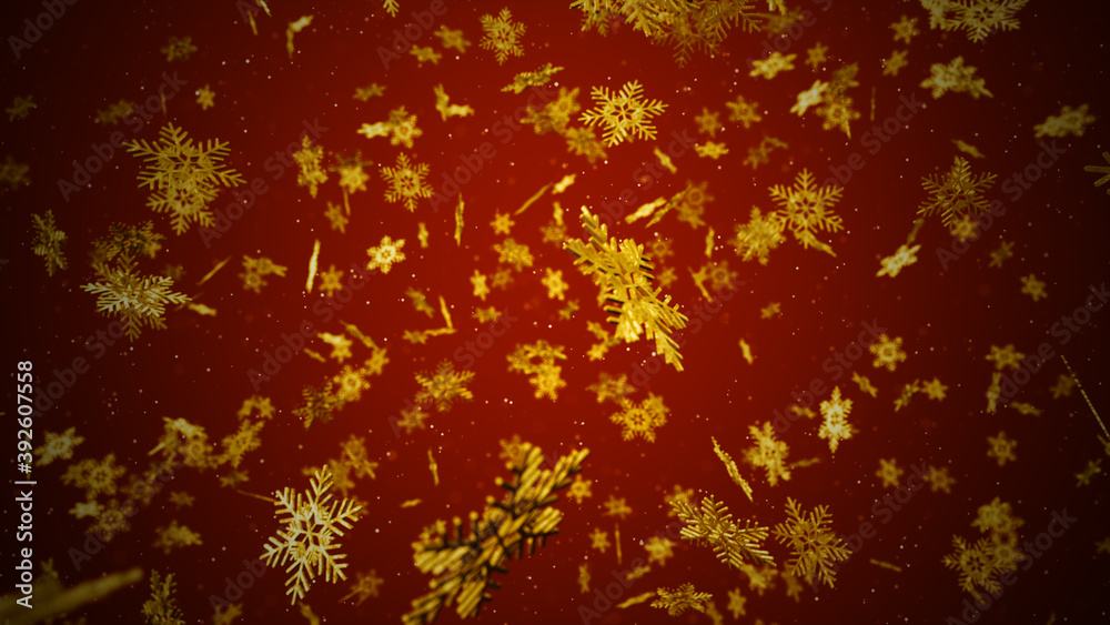Gold Color Snowflakes and stars falling on red background, Christmas or New Year background Concept. 3D rendering Gold Color Snowflakes and stars falling on red background, Christmas or New Year background Concept. 3D rendering