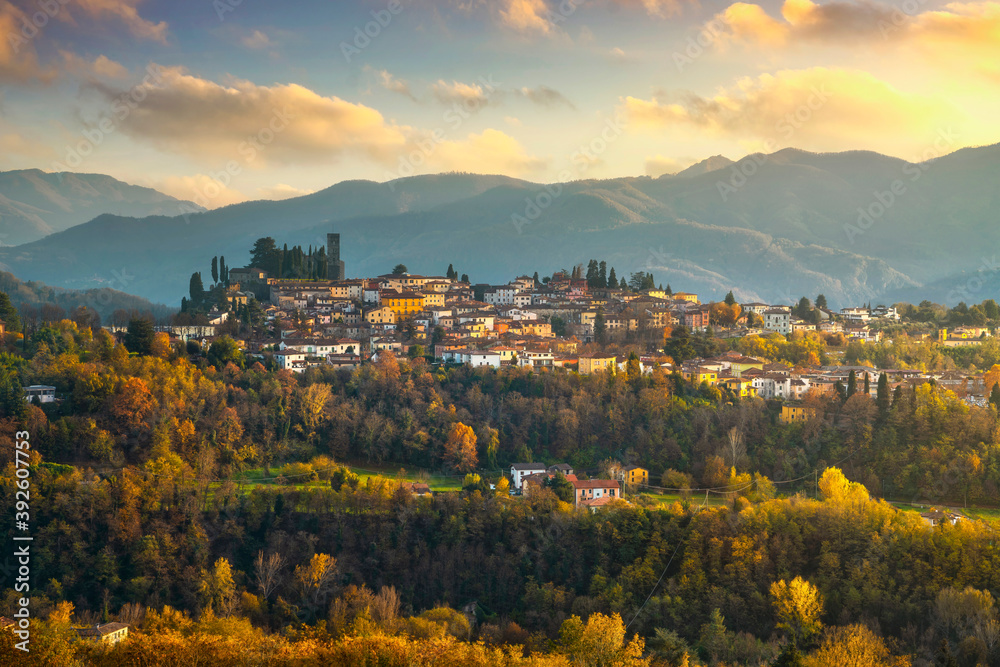 Barga village at sunset in autumn. Garfagnana, Tuscany, Italy.